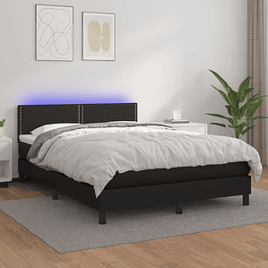 vidaXL Cama box spring c/ colchão/LED 140x190cm couro artificial preto