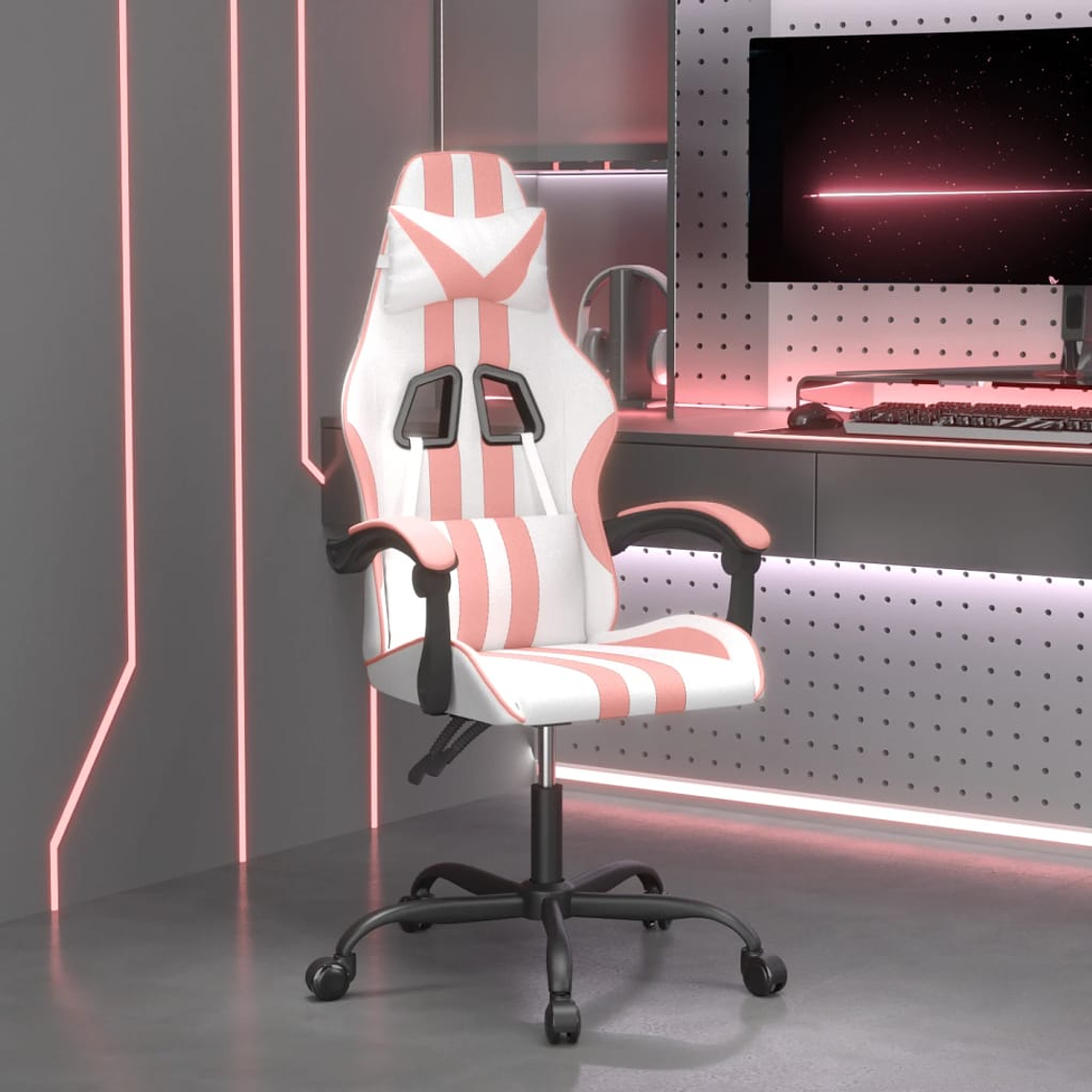 vidaXL Cadeira gaming couro artificial branco e rosa 1