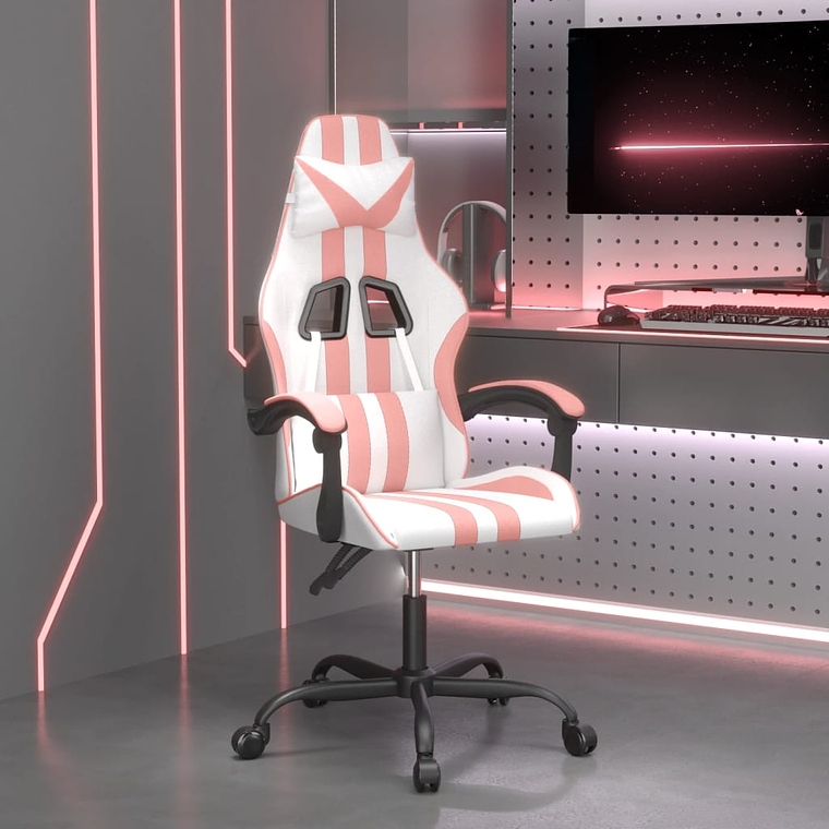 vidaXL Cadeira gaming couro artificial branco e rosa 1