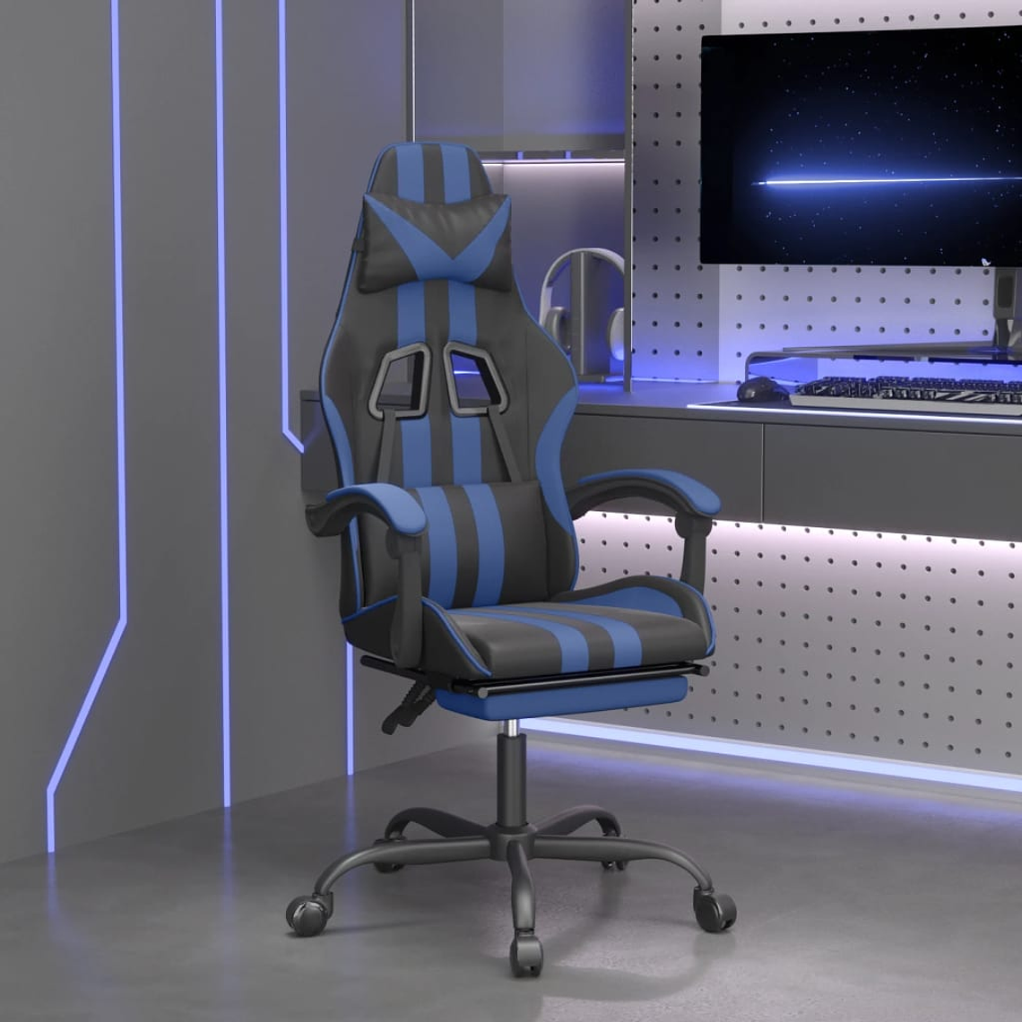 vidaXL Cadeira gaming c/ apoio para pés couro artificial preto e azul 1