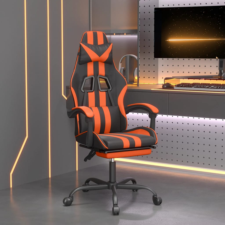 vidaXL Cadeira gaming c/ apoio p/ pés couro artificial preto e laranja 1