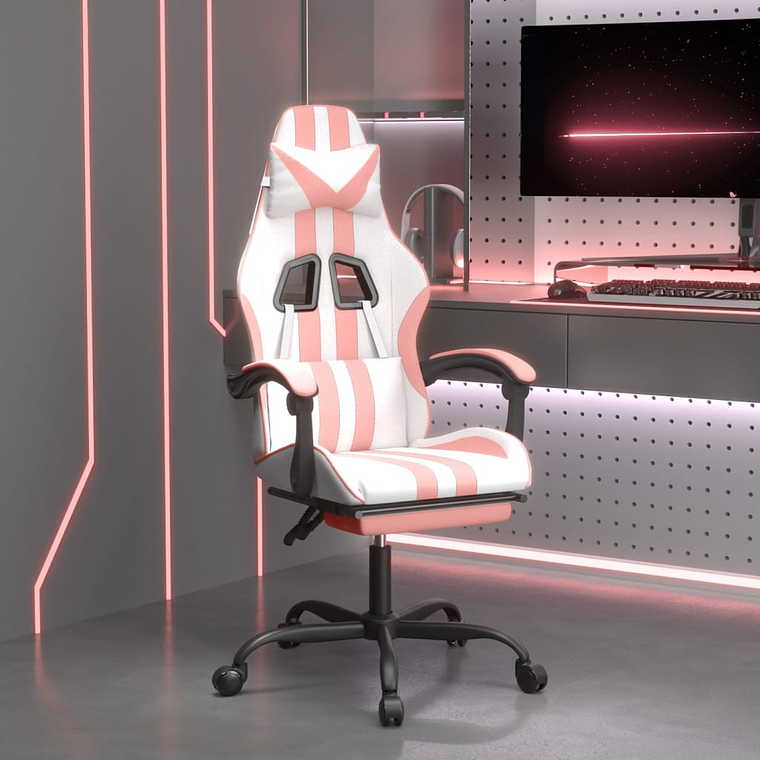 vidaXL Cadeira gaming com apoio p/ pés couro artificial branco e rosa 1