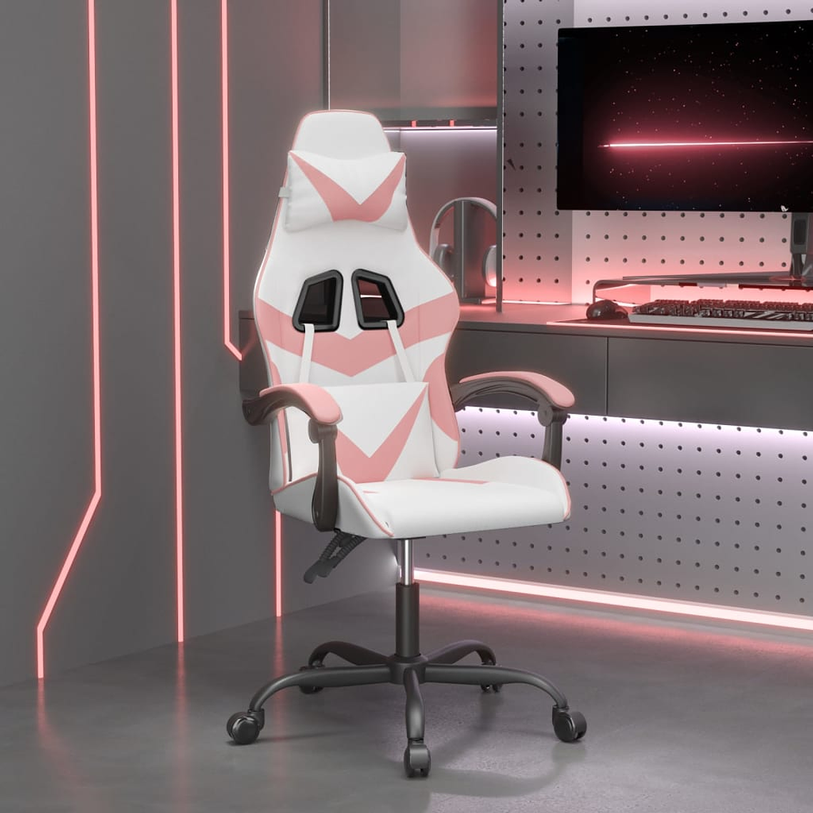 vidaXL Cadeira gaming couro artificial branco e rosa 1