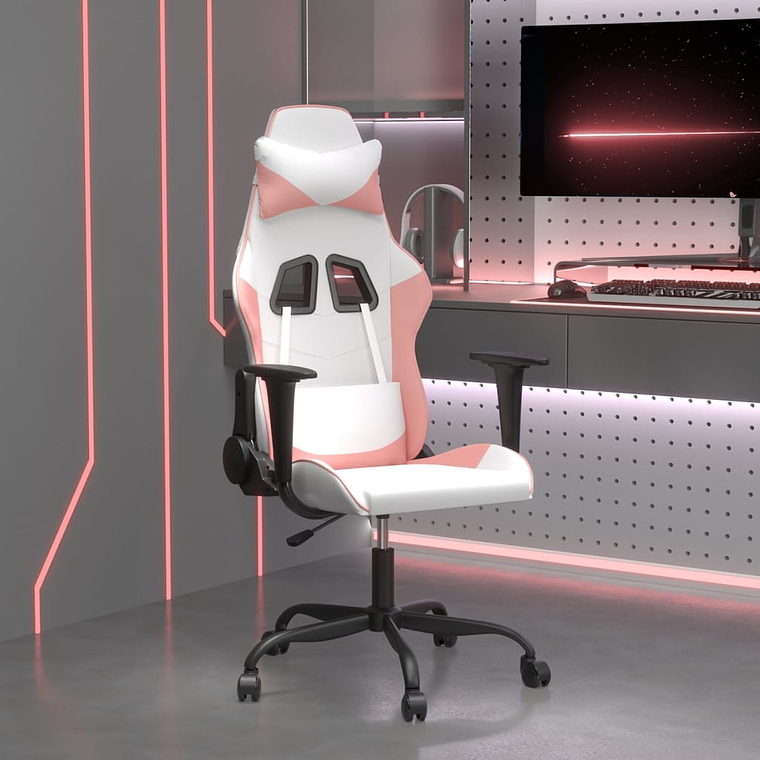 vidaXL Cadeira gaming couro artificial branco e rosa 1