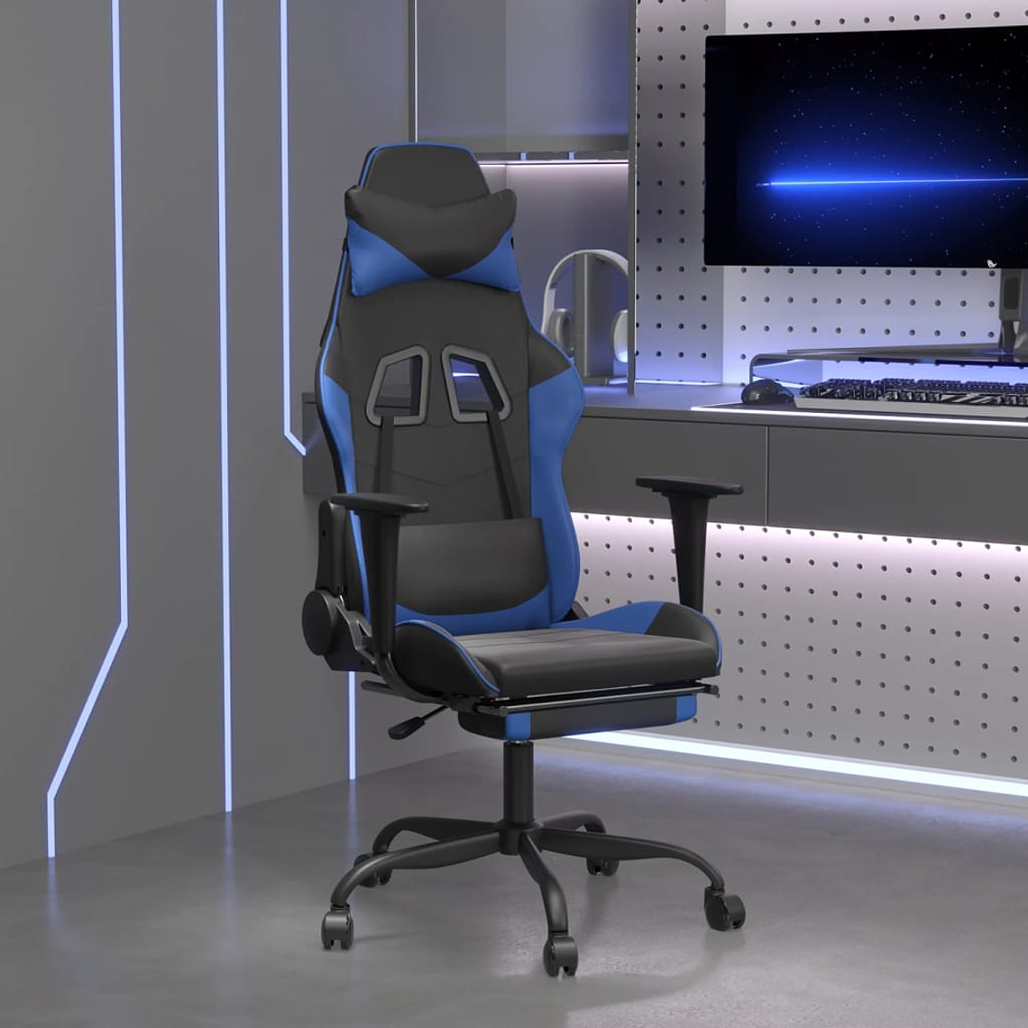 vidaXL Cadeira gaming c/ apoio para pés couro artificial preto e azul 1