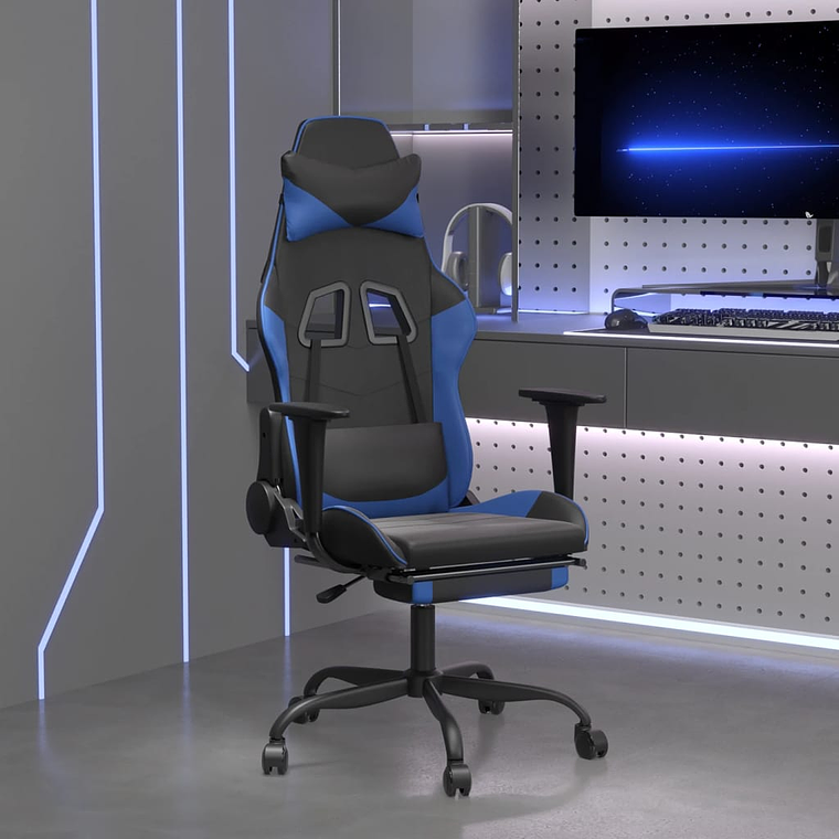 vidaXL Cadeira gaming c/ apoio para pés couro artificial preto e azul 1