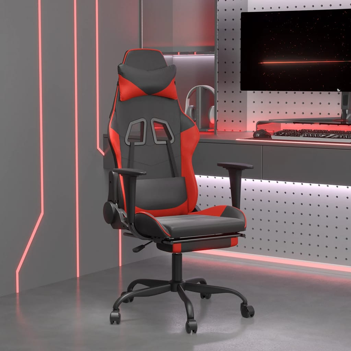 vidaXL Cadeira gaming c/ apoio pés couro artificial preto e vermelho 1