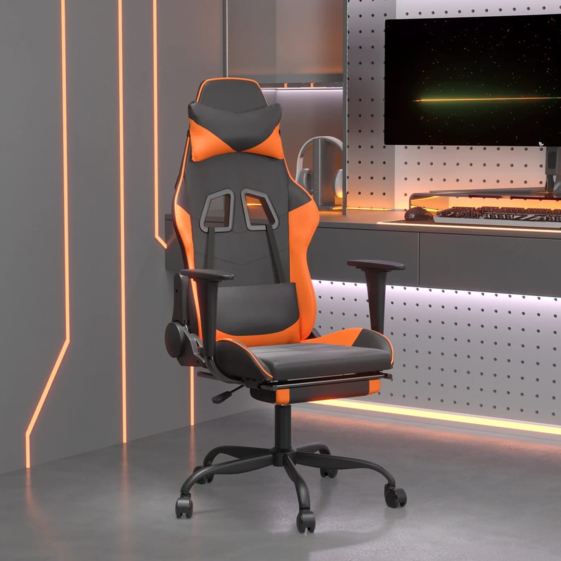 vidaXL Cadeira gaming c/ apoio p/ pés couro artificial preto e laranja 1