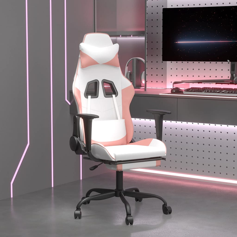 vidaXL Cadeira gaming com apoio p/ pés couro artificial branco e rosa 1