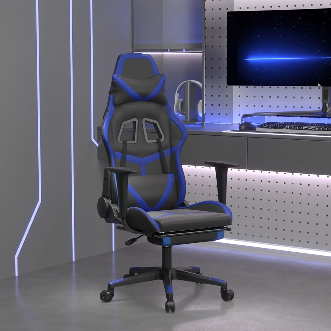 vidaXL Cadeira gaming c/ apoio para pés couro artificial preto e azul 1