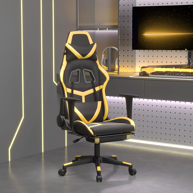 vidaXL Cadeira gaming c/ apoio pés couro artificial preto e dourado 1
