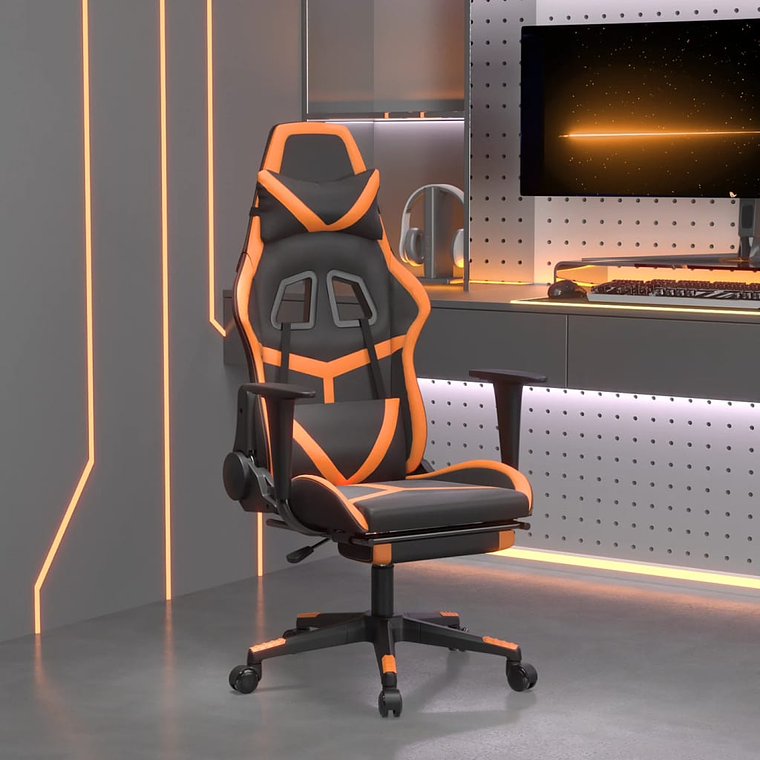 vidaXL Cadeira gaming c/ apoio p/ pés couro artificial preto e laranja 1