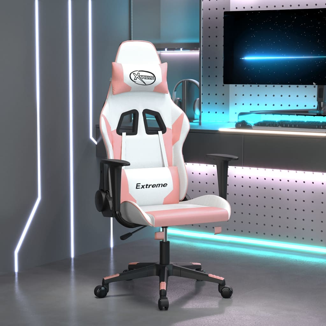 vidaXL Cadeira gaming couro artificial branco e rosa 1