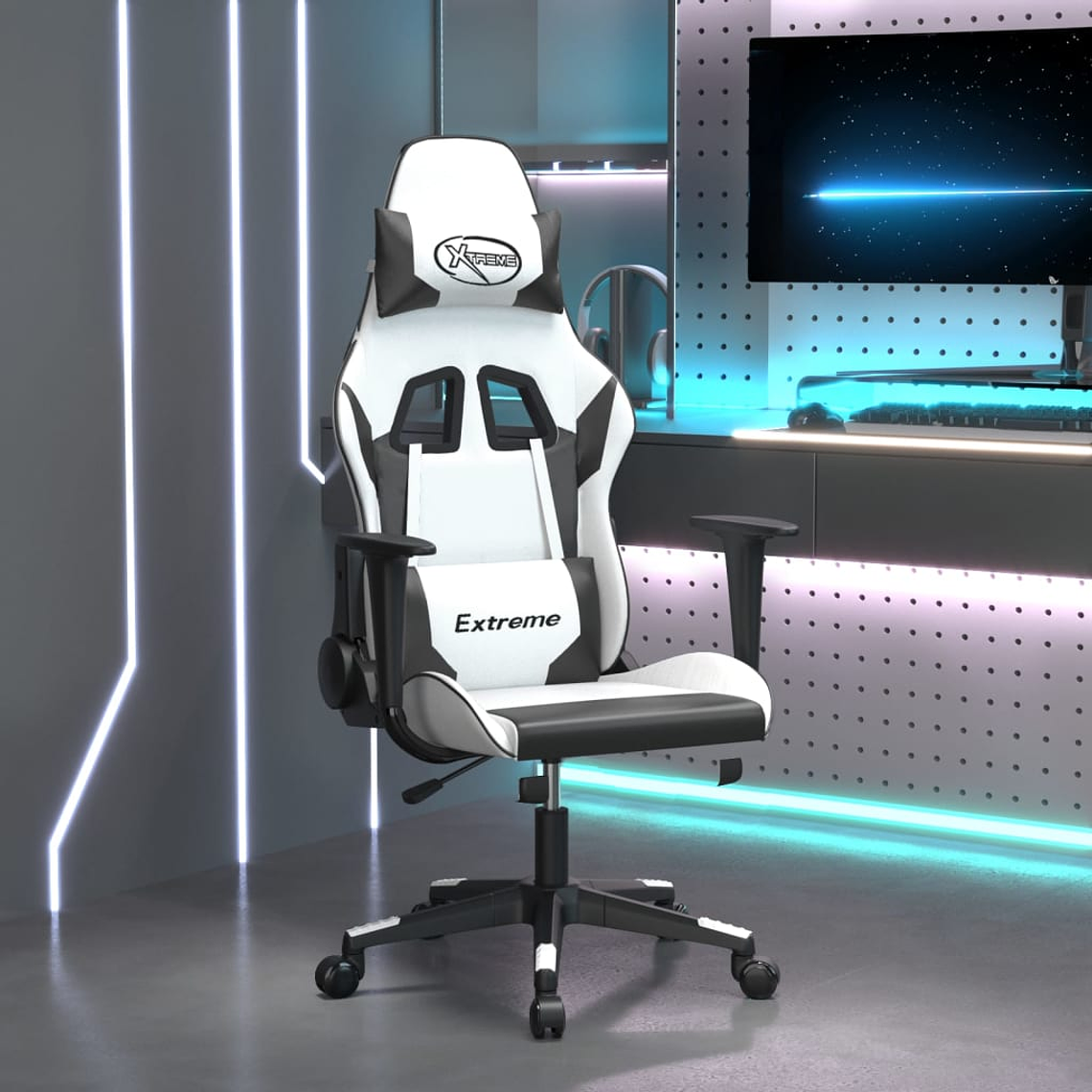 vidaXL Cadeira gaming couro artificial branco e preto 1