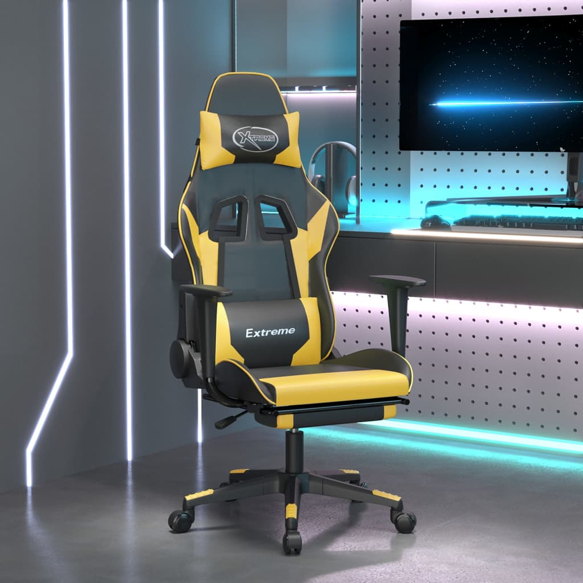 vidaXL Cadeira gaming c/ apoio pés couro artificial preto e dourado 1