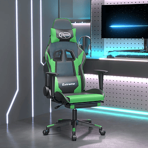 vidaXL Cadeira gaming c/ apoio pés couro artificial preto e verde