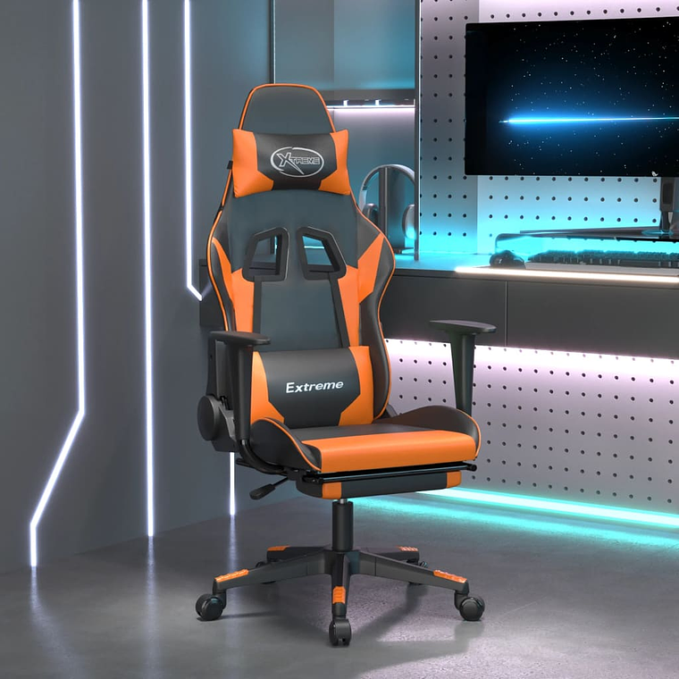 vidaXL Cadeira gaming c/ apoio p/ pés couro artificial preto e laranja 1