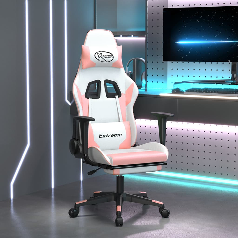 vidaXL Cadeira gaming com apoio p/ pés couro artificial branco e rosa 1