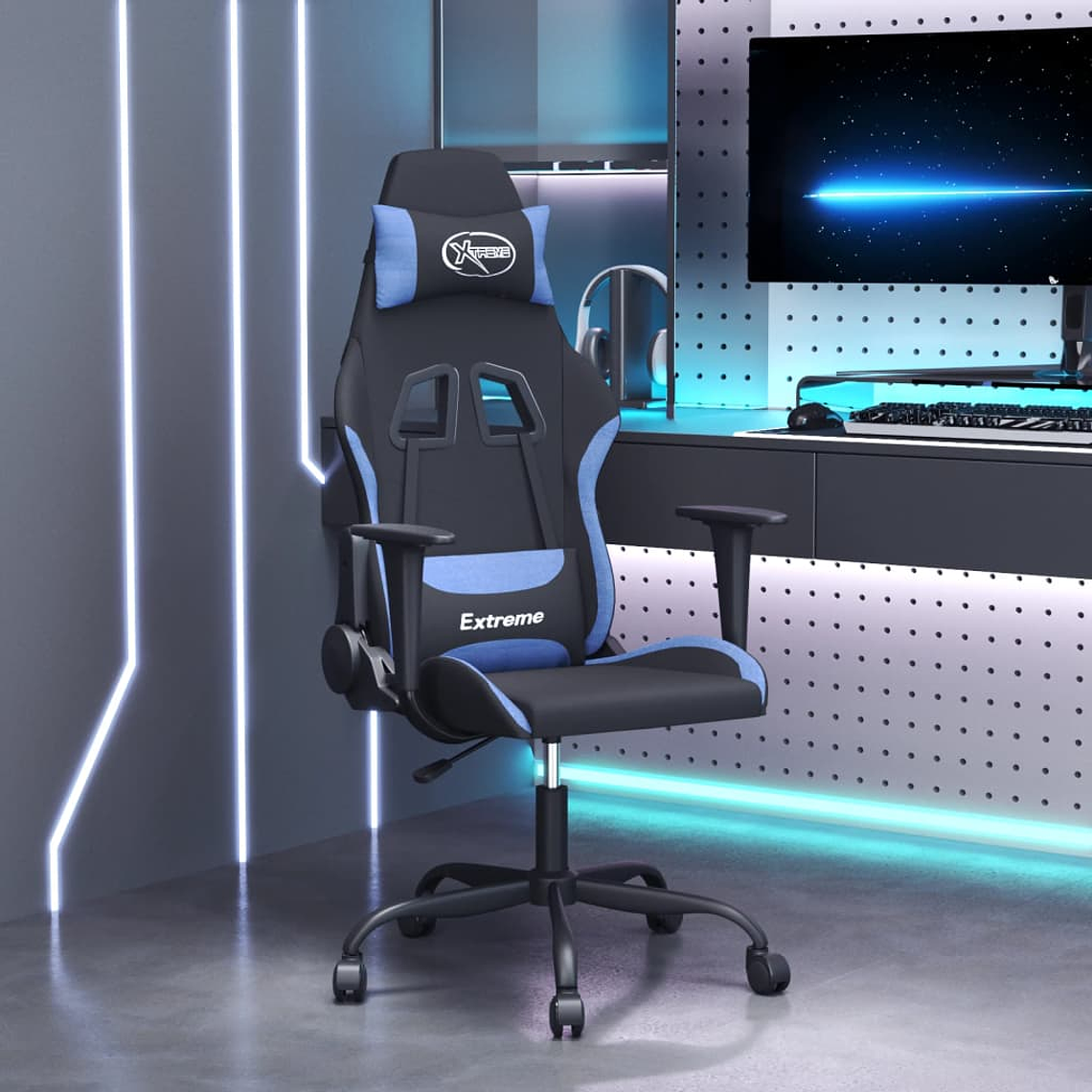vidaXL Cadeira de gaming tecido preto e azul 1
