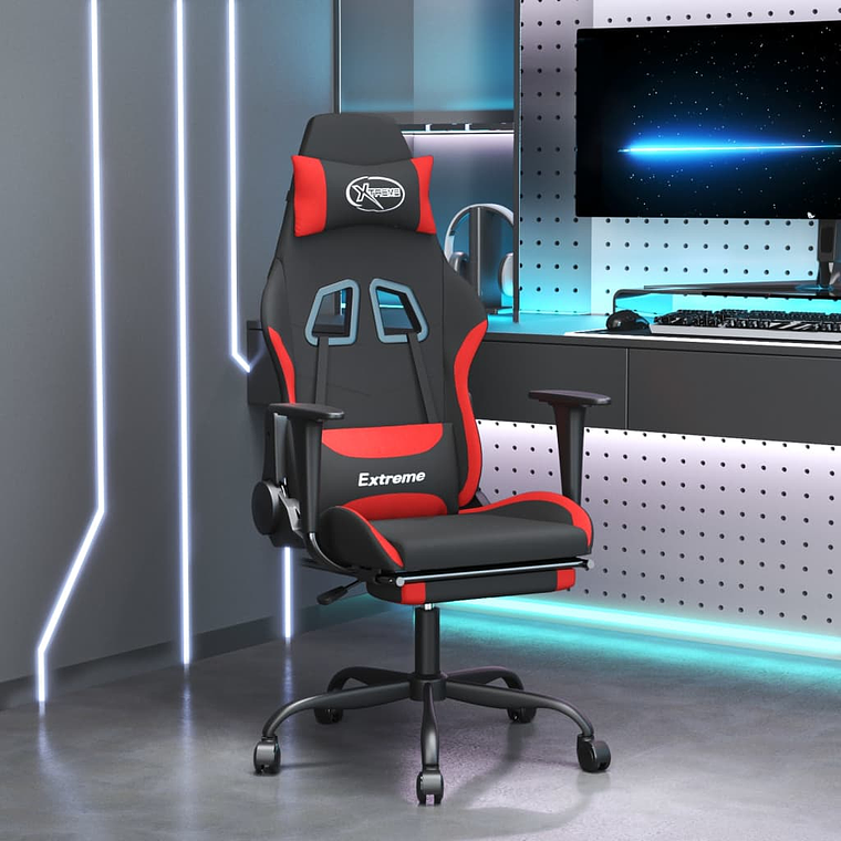 vidaxL Cadeira de gaming c/ apoio para os pés tecido preto e vermelho 1