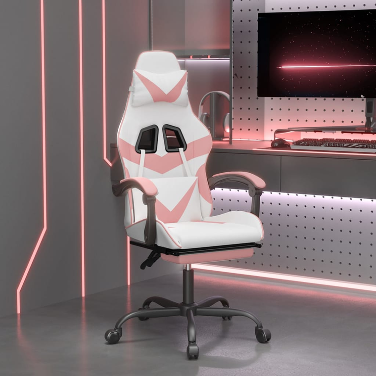 vidaXL Cadeira gaming com apoio p/ pés couro artificial branco e rosa 1