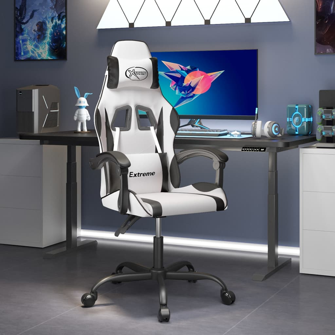 vidaXL Cadeira gaming couro artificial branco e preto 1