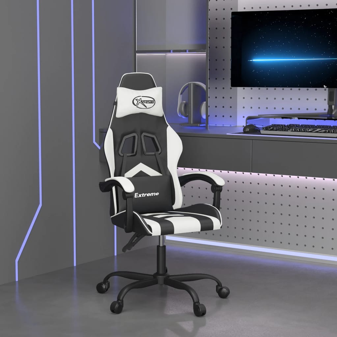 vidaXL Cadeira gaming couro artificial preto e branco 1