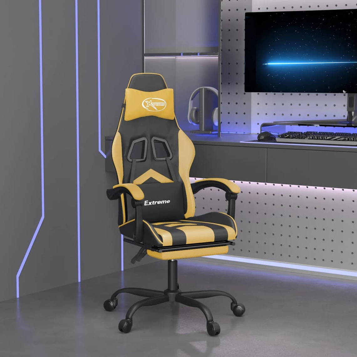 vidaXL Cadeira gaming c/ apoio pés couro artificial preto e dourado 1