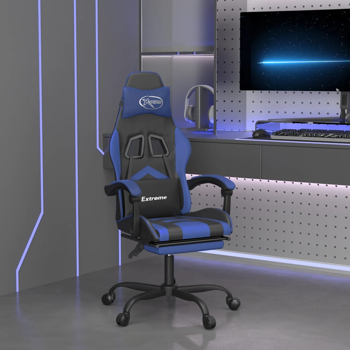 vidaXL Cadeira gaming c/ apoio para pés couro artificial preto e azul 1