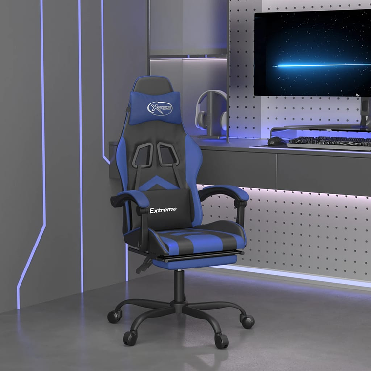 vidaXL Cadeira gaming c/ apoio para pés couro artificial preto e azul 1