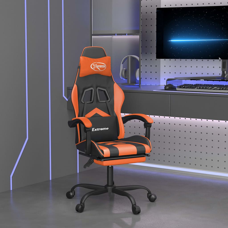 vidaXL Cadeira gaming c/ apoio p/ pés couro artificial preto e laranja 1