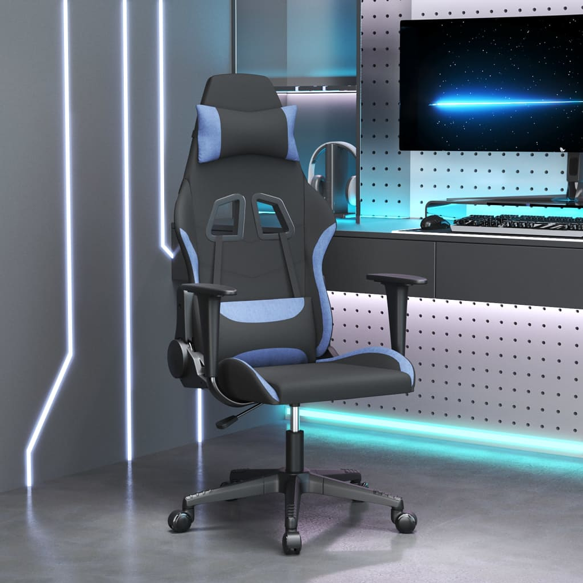 vidaXL Cadeira de gaming tecido preto e azul 1