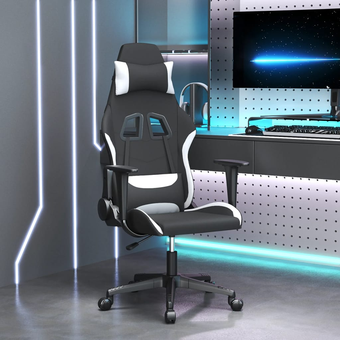 vidaXL Cadeira de gaming tecido preto e branco 1
