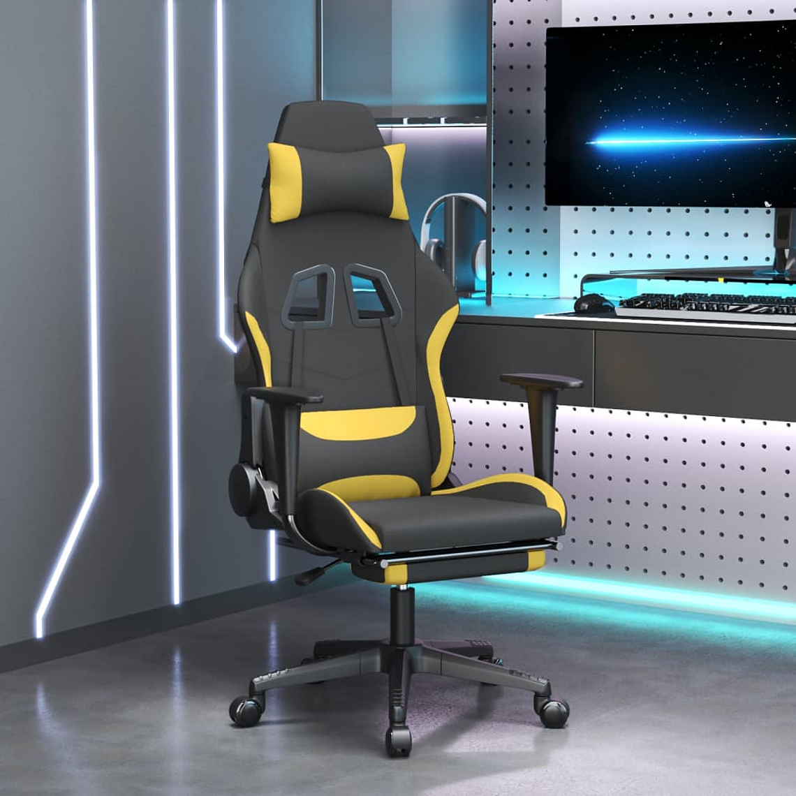 vidaxL Cadeira de gaming com apoio para os pés tecido preto e amarelo 1