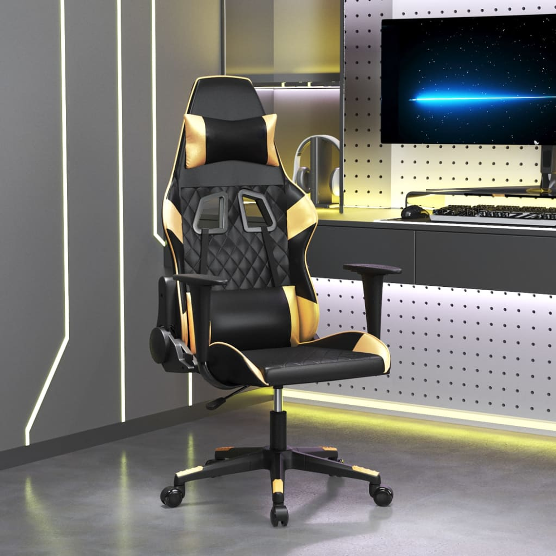 vidaXL Cadeira gaming couro artificial preto e dourado 1