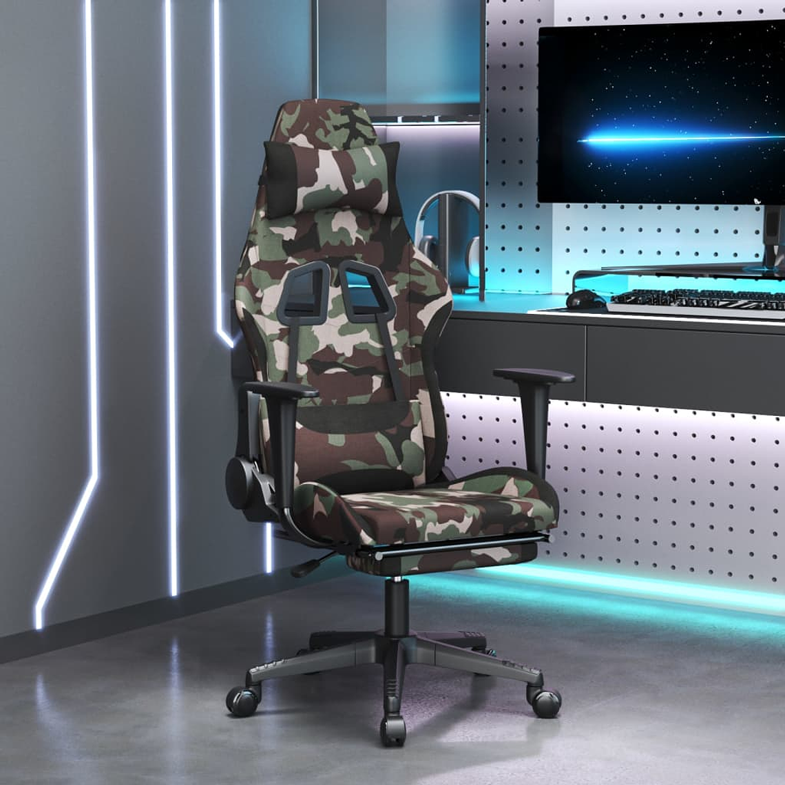 vidaxL Cadeira de gaming com apoio de pés tecido camuflagem e preto 1