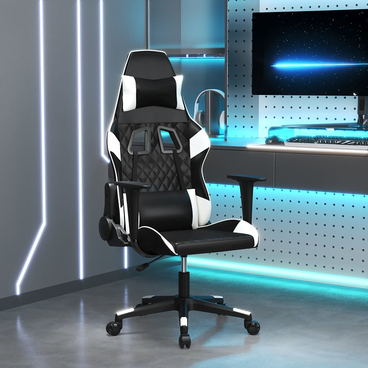 vidaXL Cadeira gaming couro artificial preto e branco 1