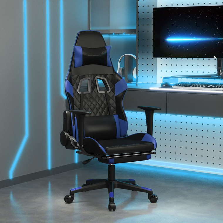 vidaXL Cadeira gaming c/ apoio para pés couro artificial preto e azul 1