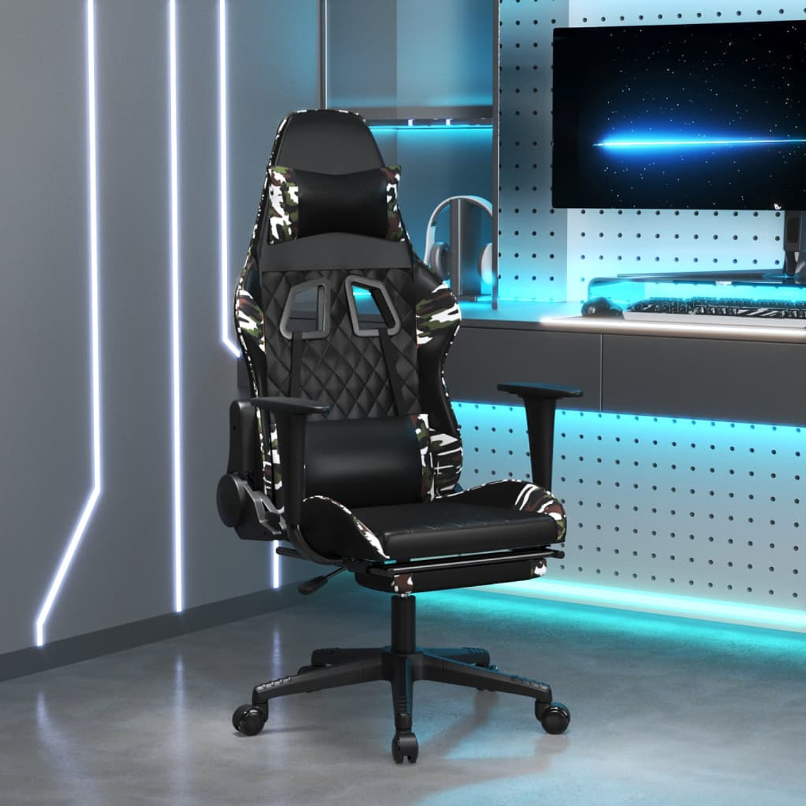 vidaXL Cadeira gaming c/ apoio pés couro artificial preto e camuflado 1