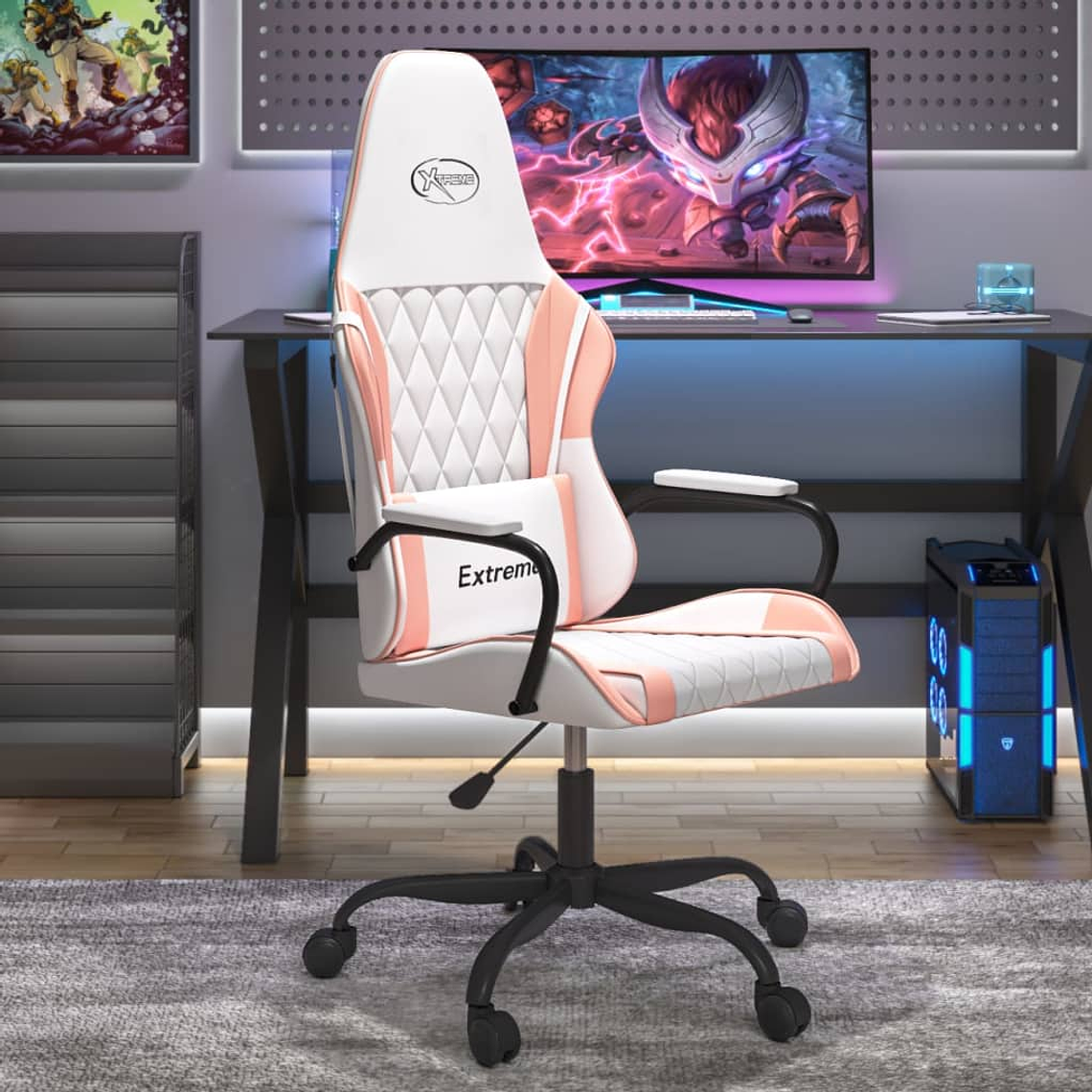 vidaXL Cadeira gaming couro artificial branco e rosa 1