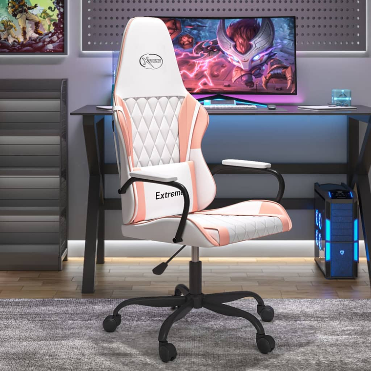 vidaXL Cadeira gaming couro artificial branco e rosa 1