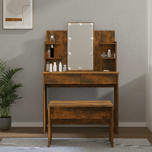 vidaXL Conjunto toucador com LEDs madeira processada carvalho fumado