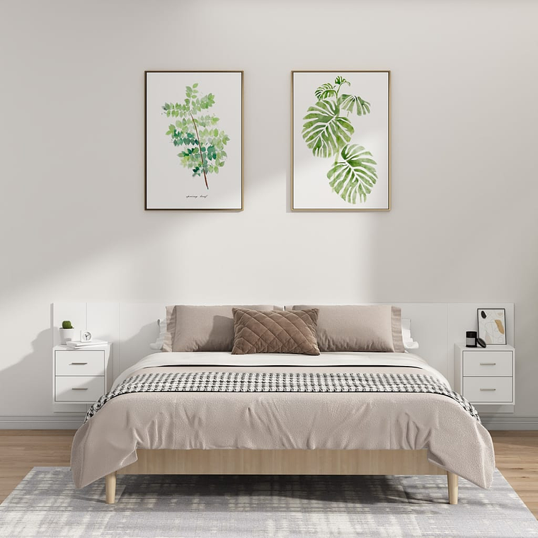vidaXL Cabeceira cama + armários madeira processada branco 1