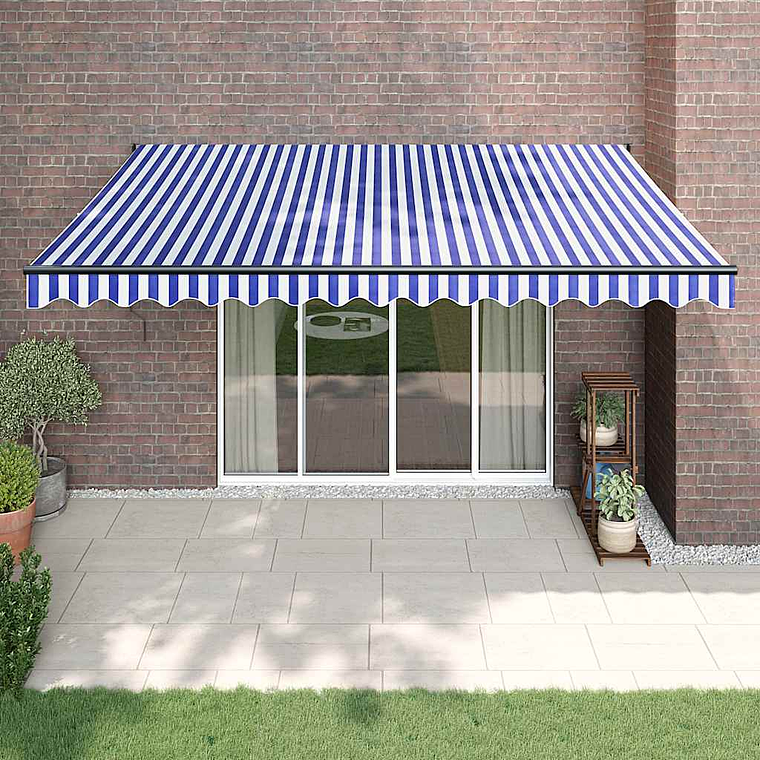 vidaXL Toldo retrátil 4x3 m tecido e alumínio azul e branco 1
