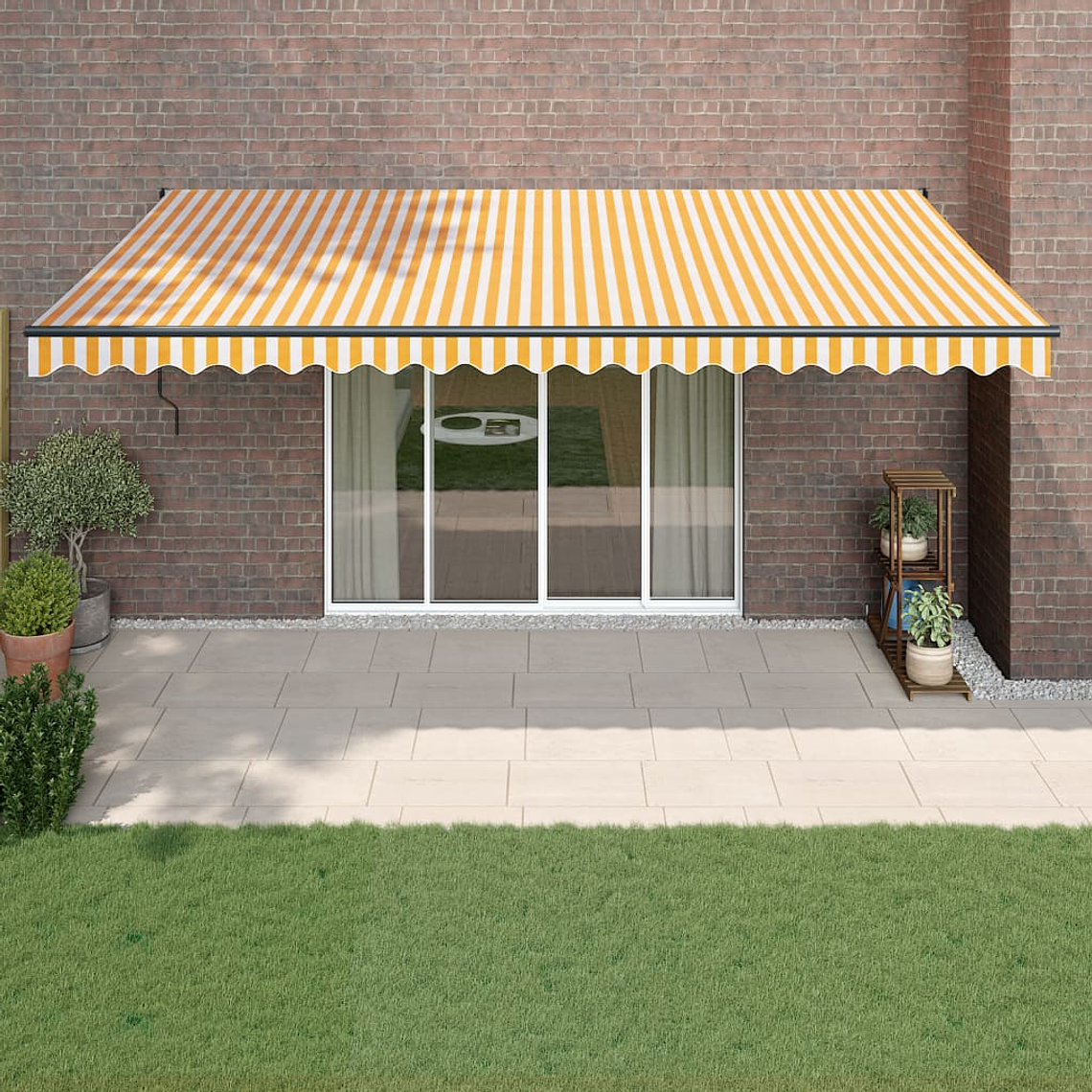 vidaXL Toldo retrátil 5x3 m tecido e alumínio amarelo e branco 1