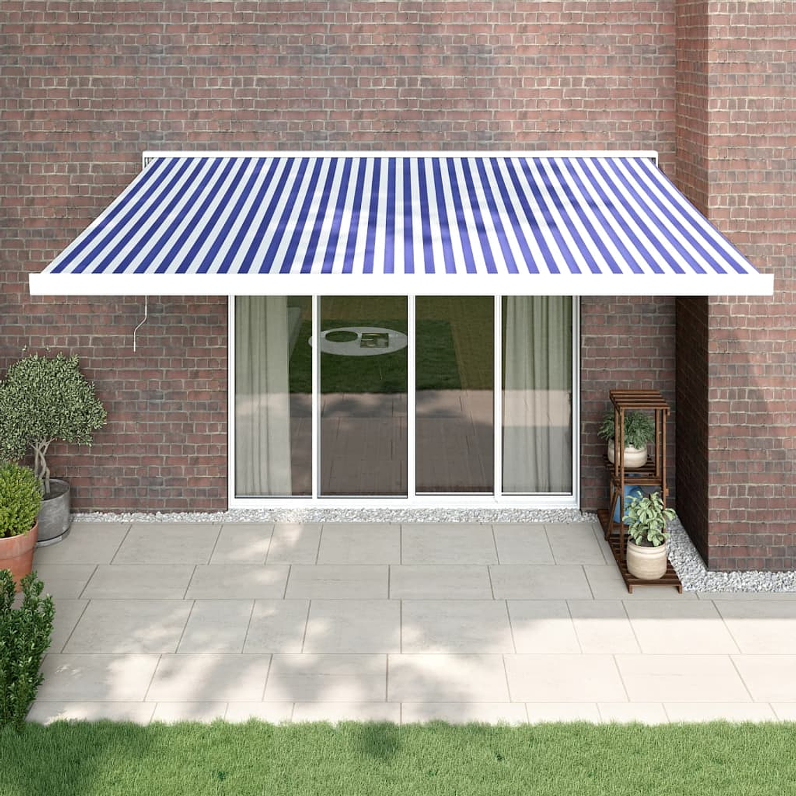 vidaXL Toldo retrátil 4x3 m tecido e alumínio azul e branco 1