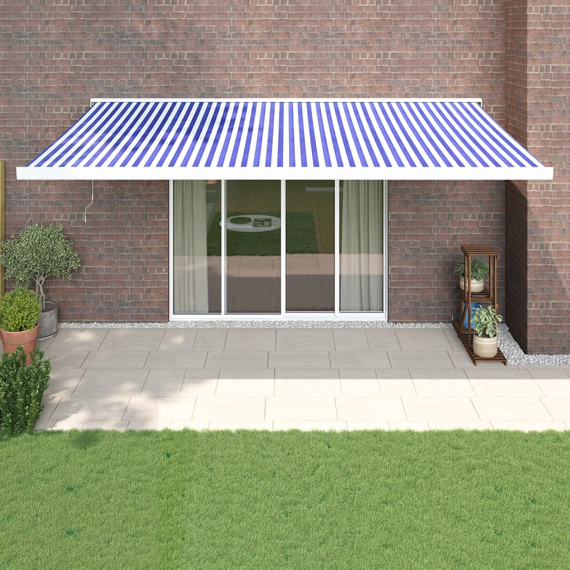 vidaXL Toldo retrátil 5x3 m tecido e alumínio azul e branco 1