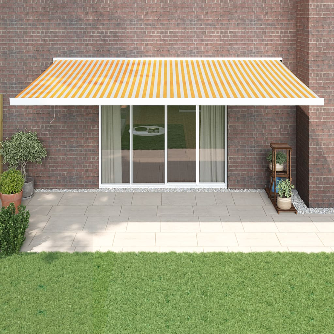 vidaXL Toldo retrátil 5x3 m tecido e alumínio amarelo e branco 1