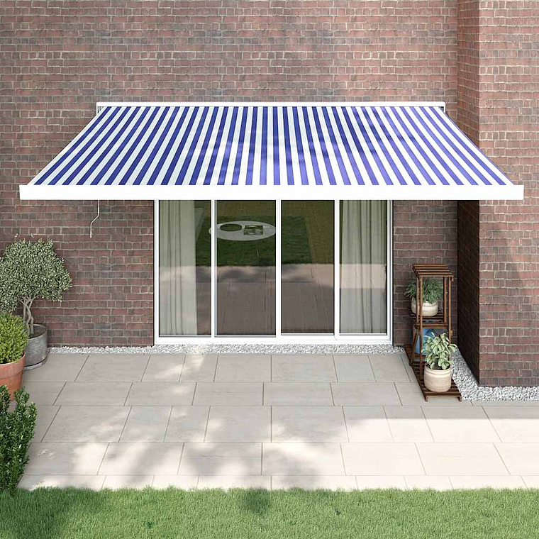 vidaXL Toldo retrátil 4x3 m tecido e alumínio azul e branco 1