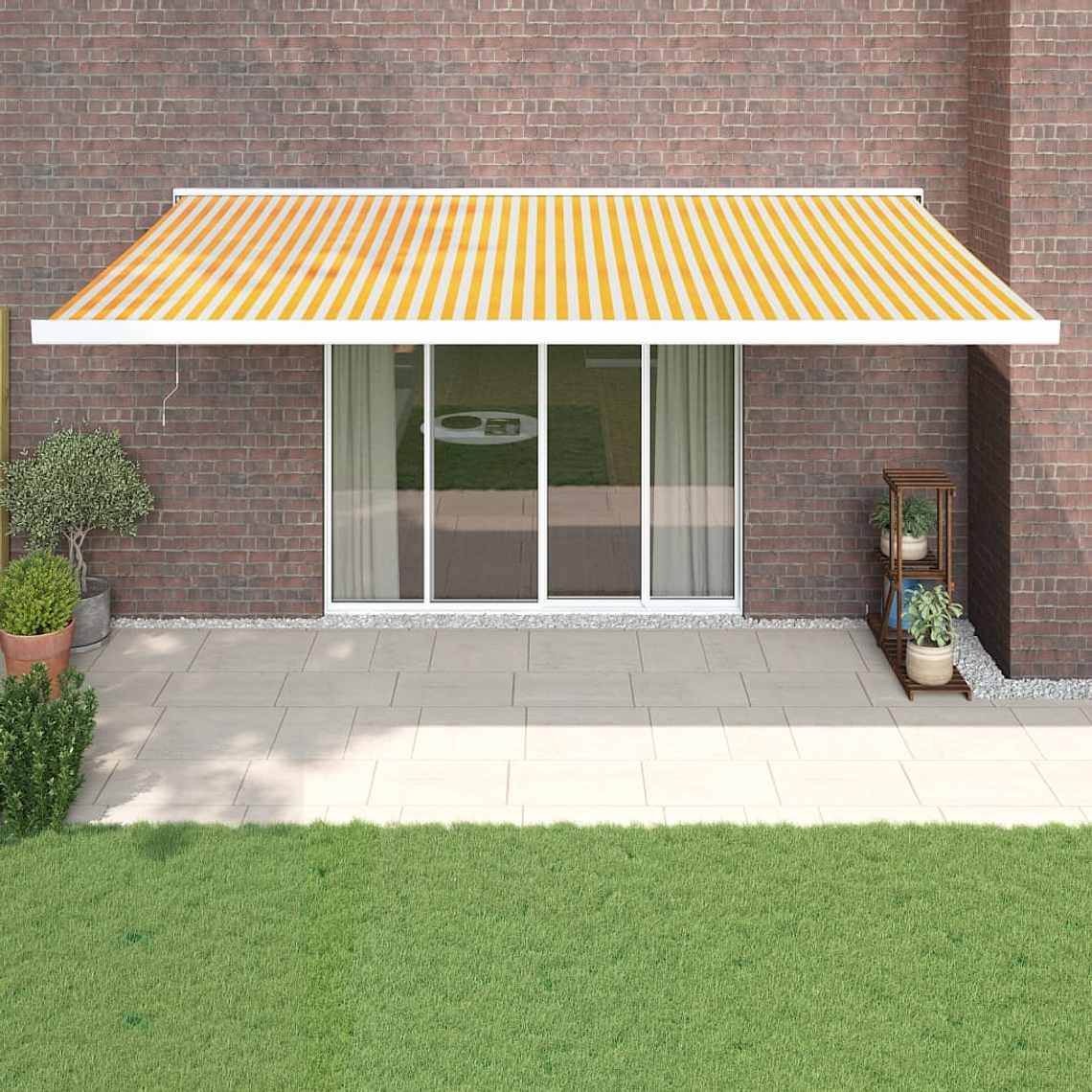 vidaXL Toldo retrátil 5x3 m tecido e alumínio amarelo e branco 1